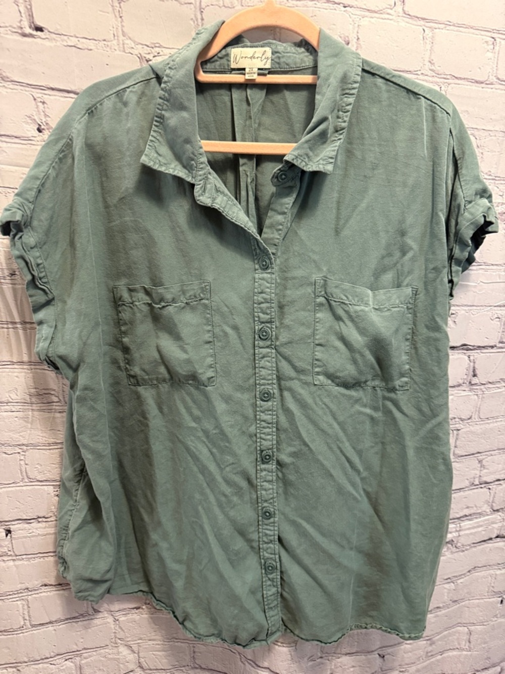 Wonderly Short-Sleeve Button Front Top - Sage Green
